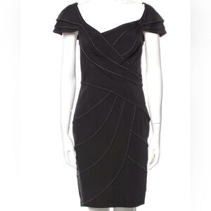 Tadashi Shoji Black V-Neck Layered Ivory Stitched Detailed Mini Dress